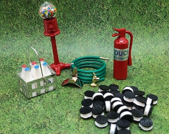 DOLLHOUSE MINIATURES ~ Milk tote ~ Garden Hose ~ Gumball machine ~ Fire Extinguisher ~ Oreo cookies ~ Fairy garden ~Shadowbox