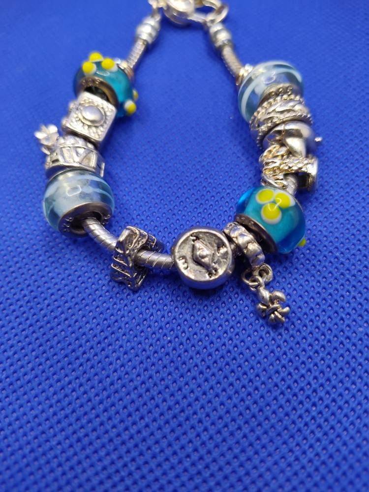Vintage PANDORA INSPIRED BRACELET W/13 Charms~ Heart Clasp