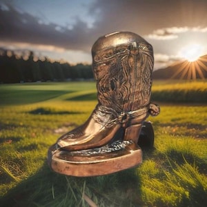 Vintage Horseshoe & Cowboy Boot Bank 5 1/4” tall Copper Pot Metal