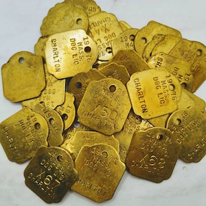 1976 CHARLTON  DOG TAGS ~Brass ~ 10 - 50pcs  ~ Steampunk ~ Shadowbox Filler ~  Jewelry Craft