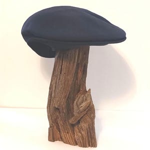 Op de afbeelding: Een effen donker marineblauwe platte pet met een afgeronde, gestructureerde bol en een korte, stijve klep. De pet wordt gepresenteerd op een stuk verweerd, getextureerd bruin drijfhout dat dient als standaard om de gladde stof te tonen.