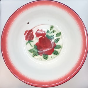 Flying Crane ~ Enamel Bowl ~ 12&quot; Red & Green flowers with red trim ~ Red design on the outside ~ fREE sHIPPING