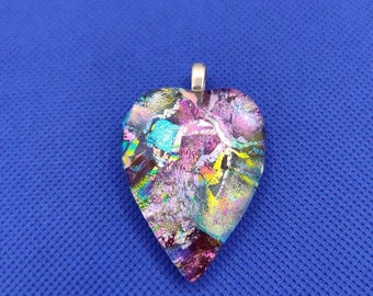 Yellow Amber Green Copper Orange Crinkle Recycled Shard Multicolored Fused Glass Iridescent Slide Dichroic Glass Heart Pin AND Pendant