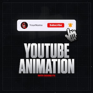May include: A black and white graphic with the text "YOUTUBE ANIMATION WITH SOUND FX" in a silver font. A white notification bar with a red "Subscribe" button and a red cartoon face with a white background is at the top of the image.