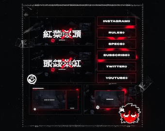 ANIMATED BLACK & RED Anime Stream Package (Screens, Panels, Overlay, Transition, Twitch, Header, Etc.)