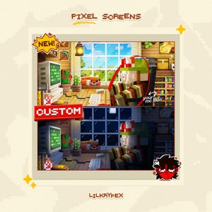 May include: A digital artwork in a pixelated Minecraft style. It depicts a character wearing a green and red hat, a computer, and the words "CUSTOM" and "NEW!". The background shows a room with a window and furniture, all rendered in pixels.