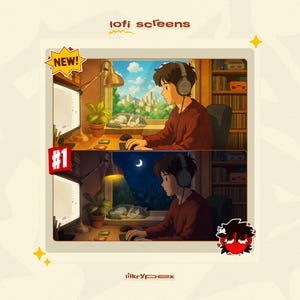 Pode incluir: Ilustração digital de uma pessoa com fones de ouvido em uma mesa com um computador e um gato. A imagem mostra uma cena diurna com vista para a cidade e uma cena noturna com a lua. Texto: "lofi screens", "NEW!" e "#1".