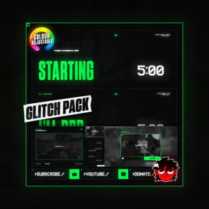 Op de afbeelding: Een digitaal grafisch ontwerp voor een streaming overlay, met een zwarte achtergrond en neon groene accenten. Tekst bevat "STARTING", "GLITCH PACK" en een timer die "5:00" weergeeft. Knoppen voor "SUBSCRIBE", "YOUTUBE" en "DONATE" zijn ook zichtbaar.