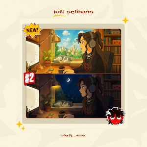 May include: Digital illustration of a person wearing headphones, working on a computer at a desk. The image is split into two scenes, one daytime and one nighttime. The text "lofi screens" and "NEW!" are visible.