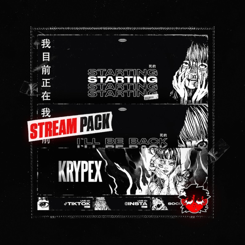 Animated Dark Anime Girl Stream Package | Twitch Overlays, Screens, Panels & Transitions for Streamlabs/OBS image 1