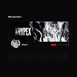 This is the header. It features a dark illustration of a creepy, female figure with clawed hands around her body and a large explosion behind her. On the left is bold white text to display your username. The overall aesthetic is gritty and dark.