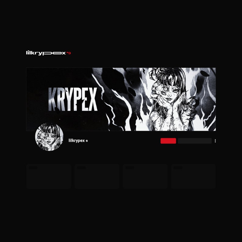This is the header. It features a dark illustration of a creepy, female figure with clawed hands around her body and a large explosion behind her. On the left is bold white text to display your username. The overall aesthetic is gritty and dark.