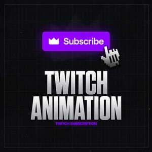 May include: A purple button with a crown icon and the word "Subscribe" on a black grid background. The text "Twitch Animation" is below the button in a silver font. The text "Twitch Subscription" is below the text "Twitch Animation" in a smaller silver font.