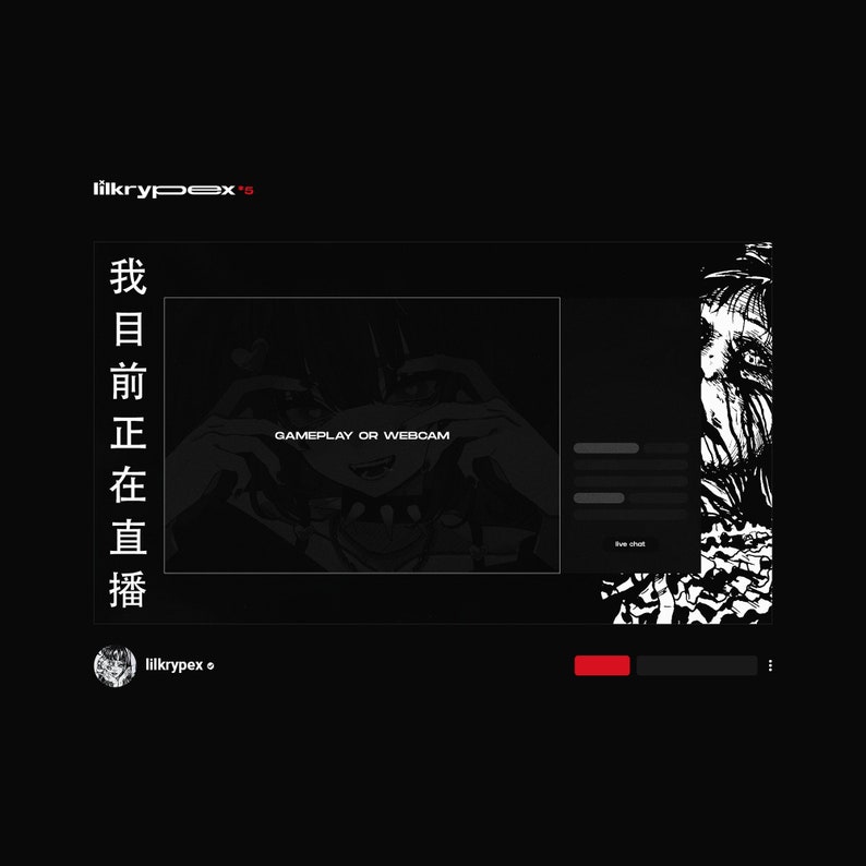 This is an Intermission scene. It has a area to display your Gameplay or Webcam. On the left is the same Chinese text. On the right side, there’s an area to display chat messages. It follows the same dark, monochromatic design as the other screens.