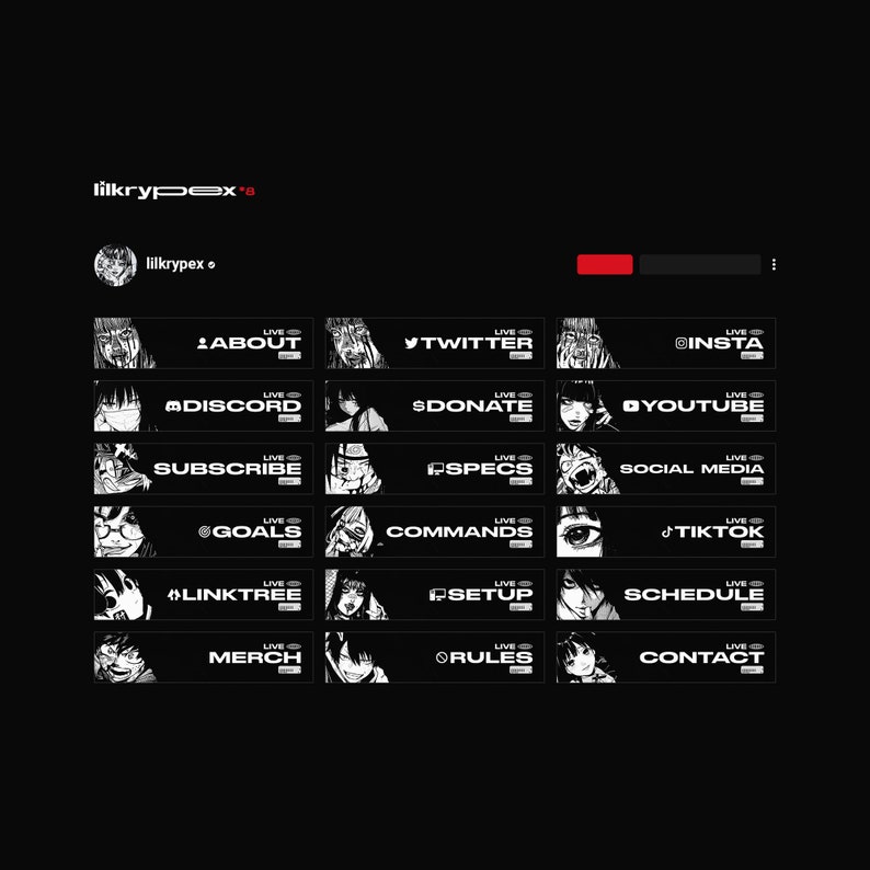 These are the panels. There is 20+ panels in total. These panels can link to a site of your choice, such as discord, twitter or a donation page. They follow the same dark, monochromatic design as the rest of the package.
