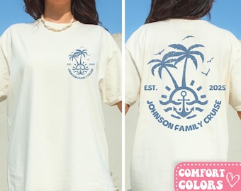 May include: Cream-colored t-shirt with a blue graphic on the front and back. The front graphic features palm trees, an anchor, and the text "Johnson Family Cruise 2025." The back graphic is a larger version of the same design.