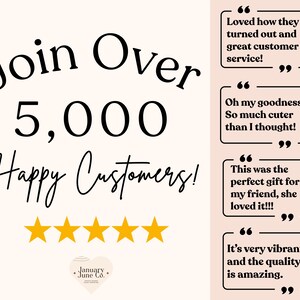 May include: A light beige graphic with the text "Join Over 5,000 Happy Customers!" and five gold stars. The image also includes customer testimonials in speech bubbles and the logo for January June Co.
