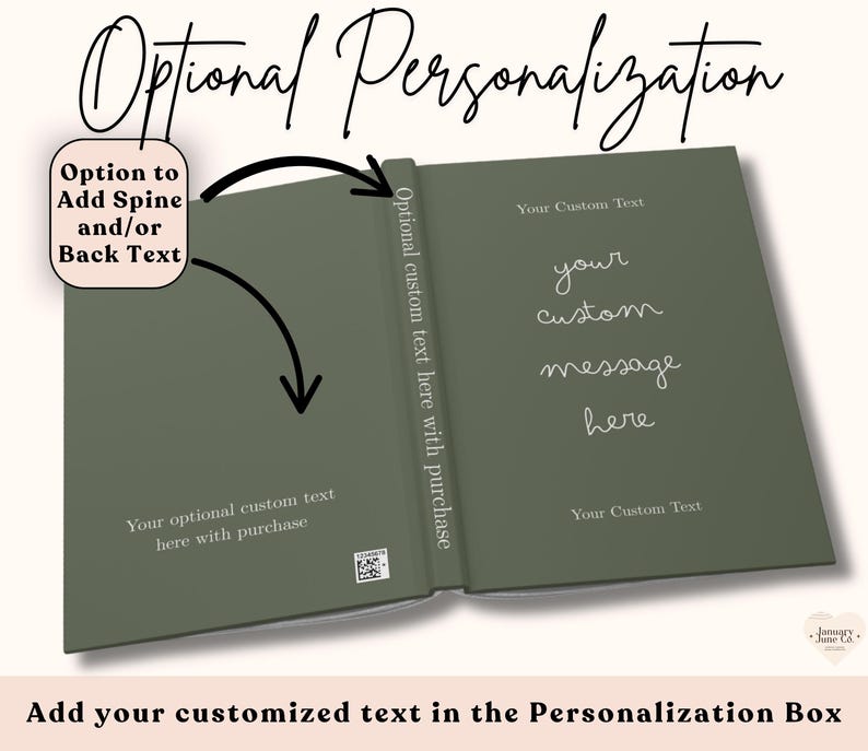 Puede incluir: Un libro personalizado de color verde salvia. El texto "Optional Personalization" est&aacute; en la parte superior. El lomo y la contraportada ofrecen espacio para texto personalizado. Las p&aacute;ginas interiores muestran las palabras "your custom message here."