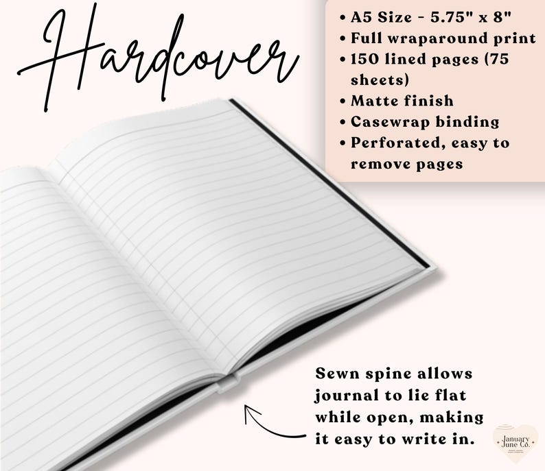 Peut inclure: Un journal &agrave; couverture rigide ouvert avec des pages lign&eacute;es. Le journal est de format A5, mesurant 14,6 cm x 20,3 cm, avec une finition mate et une impression int&eacute;grale. Il comprend 150 pages lign&eacute;es, une reliure cartonn&eacute;e et des pages perfor&eacute;es.