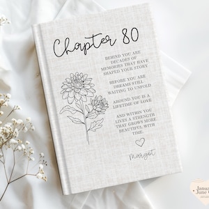 May include: A light beige linen-textured book cover featuring the black text Chapter 80, a line drawing of two chrysanthemums, and a poem about memories, dreams, and love. The name Margot is printed at the bottom with a small heart icon.