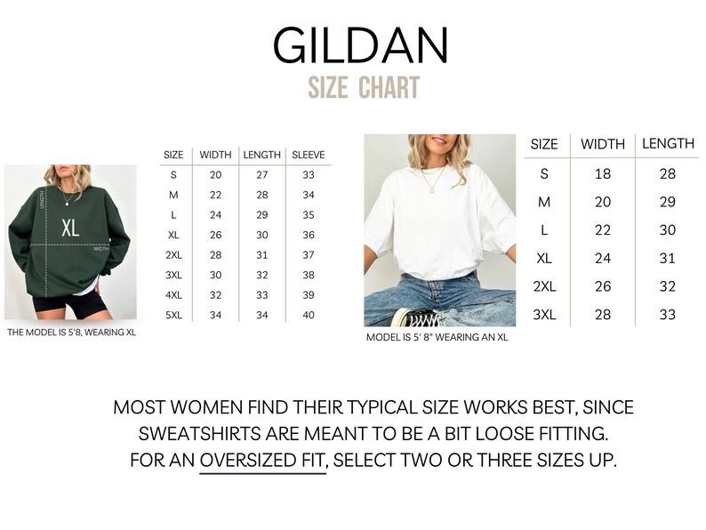 May include: Gildan size chart for sweatshirts. The chart shows the width, length, and sleeve length in inches for sizes S through 5XL. The chart also includes a photo of a model wearing a white sweatshirt.