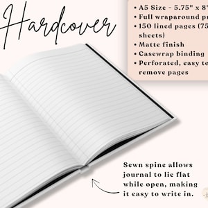 May include: Open hardcover journal with lined pages. The journal is A5 size (14.6 cm x 20.3 cm) with a matte finish and a full wraparound print. Features include a sewn spine, casewrap binding, and perforated pages for easy removal. The journal has 150 lined pages.