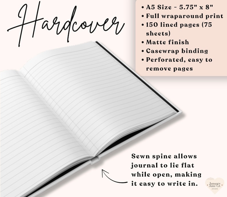 May include: Open hardcover journal with lined pages. The journal is A5 size (14.6 cm x 20.3 cm) with a matte finish and a full wraparound print. Features include a sewn spine, casewrap binding, and perforated pages for easy removal. The journal has 150 lined pages.