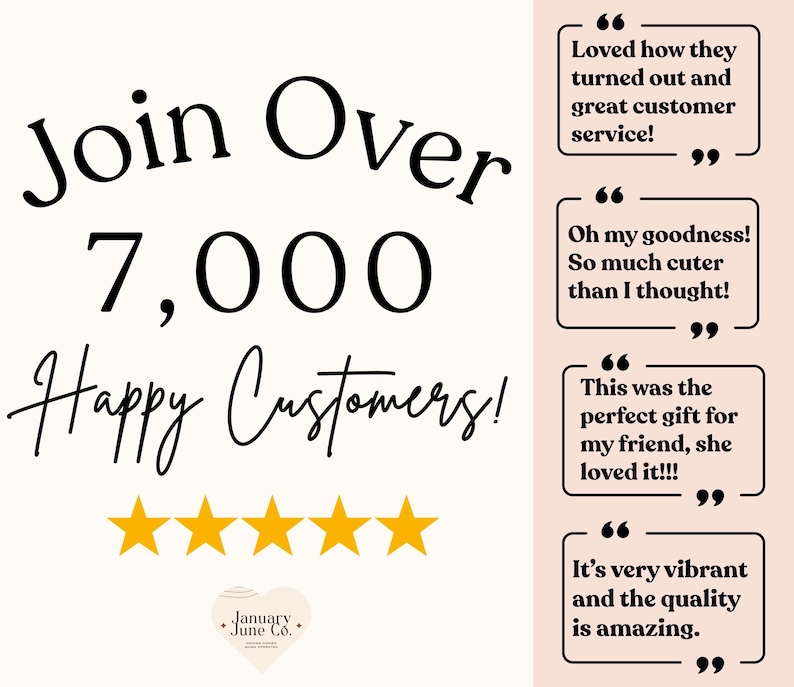 Puede incluir: Gr&aacute;fico con el texto "Join Over 7,000 Happy Customers!" en negro. Debajo, cinco estrellas doradas y testimonios de clientes en bocadillos. El logotipo de January June Co. est&aacute; en la parte inferior.