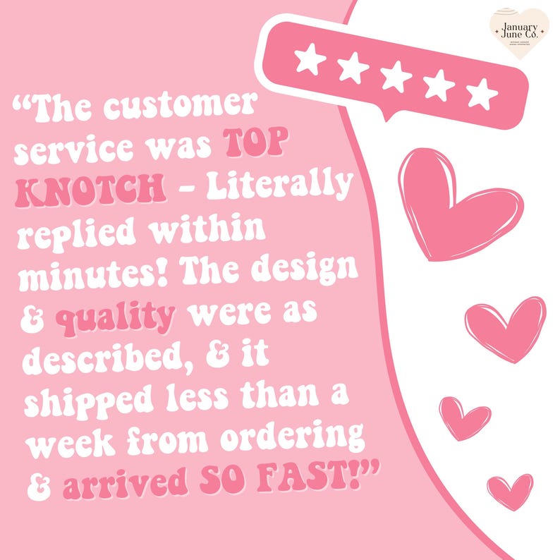 Puede incluir: Gr&aacute;fico rosa y blanco con comentarios de clientes. El texto dice: "&iexcl;El servicio al cliente fue TOP KNOTCH - Literalmente respondi&oacute; en minutos!" con una calificaci&oacute;n de cinco estrellas y corazones rosas.