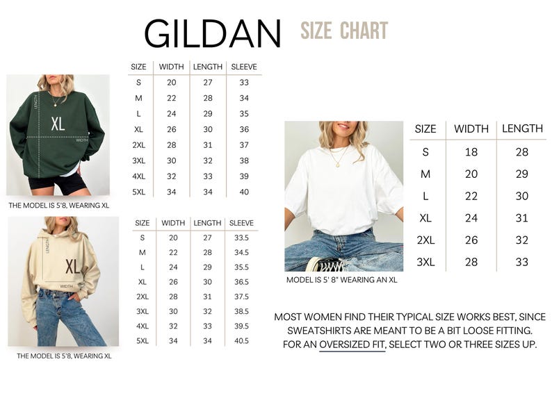 May include: Size chart for Gildan sweatshirts, showing measurements in inches for width, length, and sleeve length. The chart includes sizes from small to 5XL. The chart also includes a note that most women find their typical size works best for a loose fit, but for an oversized fit, select two or three sizes up.