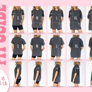 Puede incluir: Gu&iacute;a de tallas de camisetas Comfort Colors, mostrando tallas de la S a la 2XL. La gu&iacute;a muestra vistas frontal, trasera y lateral de las camisetas, con medidas en cent&iacute;metros. La modelo mide 173 cm y pesa 57 kg. El texto dice "COMFORT COLORS FIT GUIDE".