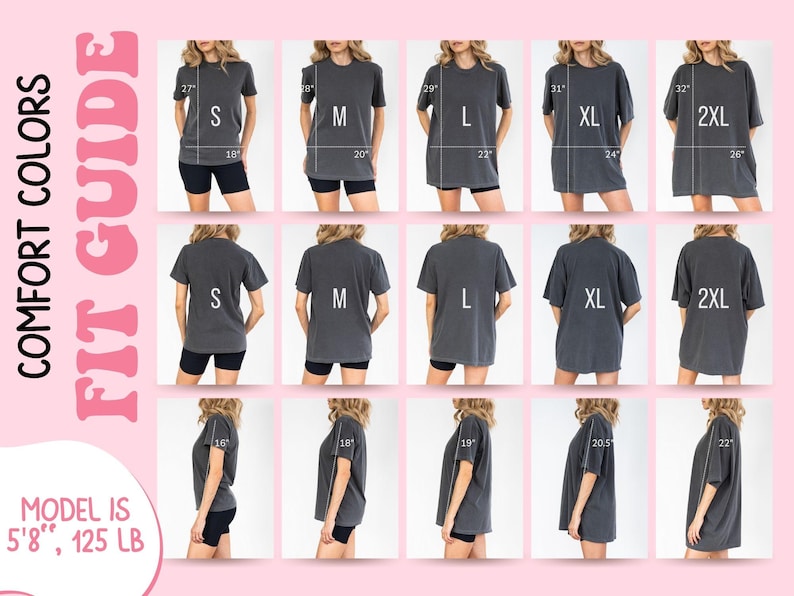 Puede incluir: Gu&iacute;a de tallas de camisetas Comfort Colors, mostrando tallas de la S a la 2XL. La gu&iacute;a muestra vistas frontal, trasera y lateral de las camisetas, con medidas en cent&iacute;metros. La modelo mide 173 cm y pesa 57 kg. El texto dice "COMFORT COLORS FIT GUIDE".