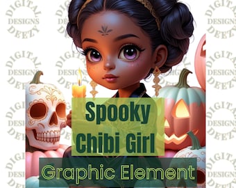 Spooky Black Kawaii Chibi Halloween PNG | Girl with Candle & Pumpkins | Spooky Season Clipart | Black Kawaii Halloween | Instant Download