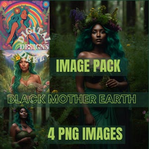 Mother Nature Melanated Goddess Digital Art | Black Woman in Forest | Set of 4 Downloadable Images | Black Woman PNG | Instant Download