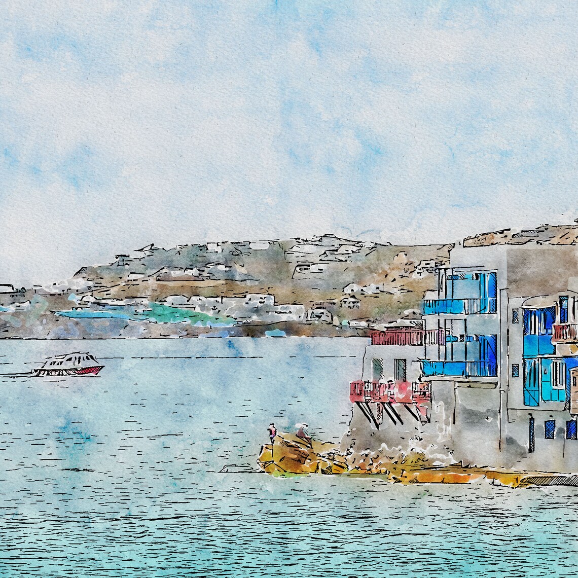 Printable Wall Art Watercolor Landscape of Beautiful Mykonos Etsy