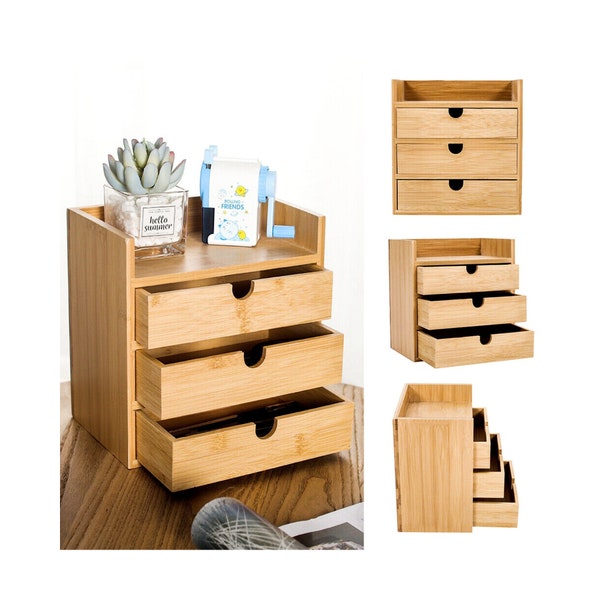 Bamboo 3 Drawers Storage Box Home & Office Desk Table Organiser Case Makeup Rack