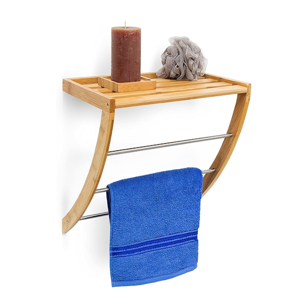 Bamboo Towel Holder with 3 Towel Rails Towel Holder With Shelf Storage Wall Hanging Stand-Natural Brown