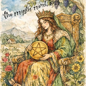 Puede incluir: Ilustración en acuarela de una mujer coronada sosteniendo un pentáculo dorado. Está sentada en un trono de madera, vestida con un vestido verde y rojo. La imagen incluye el texto "the mystic nerd, etsy" y un conejo.