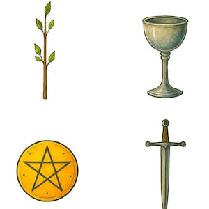 Puede incluir: Ilustración de cuatro símbolos de cartas del tarot: una rama en ciernes con hojas verdes, un cáliz plateado, un pentáculo dorado con una estrella negra y una espada con empuñadura marrón.
