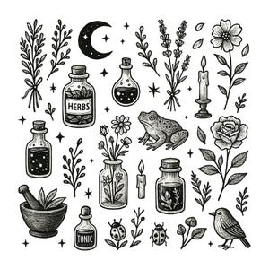 Mystical Botanical Apothecary Elements PNG | Botanical & Celestial Graphics