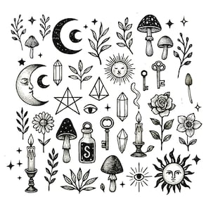 Mystical Witchy Elements PNG Kit – Transparent Botanical & Celestial Graphics