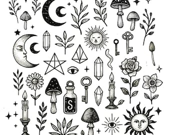 Kit PNG de elementos místicos de brujas: gráficos botánicos y celestiales transparentes