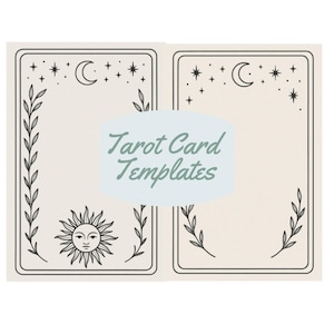 May include: Two tarot card templates with a cream background and black line art. One card features a sun with a face, and the other has a crescent moon and stars. The text "Tarot Card Templates" is in the center.