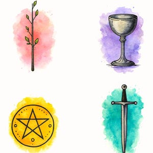 Puede incluir: Ilustraciones en acuarela de símbolos de palos de tarot: una rama en ciernes, un cáliz, un pentáculo y una espada. Cada símbolo está sobre un fondo de acuarela colorido. La obra de arte tiene un estilo dibujado a mano y caprichoso.