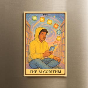 Aimant 2 x 3 pouces L'algorithme, parodie de carte de tarot, ère numérique, cadeau génération Z, cadeau du millénaire, art ironique pour réfrigérateur, commentaire technique, aimant drôle