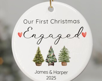 Engaged Christmas Ornament, Personalized Engagement Keepsake, Custom Our First Christmas Ornament, Ceramic Ornament Gift, Engaged Couple