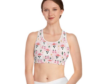 Stylish Cowgirl Sports Bra, Workout Top, Fitness Apparel, Cute Gym Bra, Pink Ghost Print Activewear, Novelty Exercise Clothing