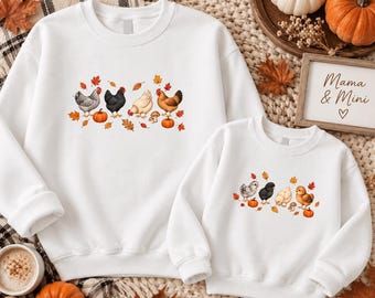 Mama Mini Autumn Chicks Sweatshirt, Fall Pumpkins, Cute Chickens, Chicken sweater, cute sweater for adult child, adorable fall sweater