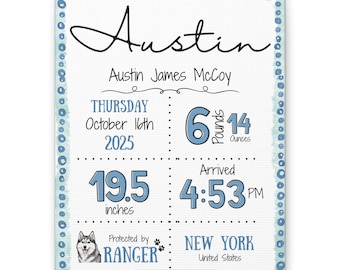 Personalized Birth Stats Canvas, Newborn Gift, Matte Canvas Stretched, Baby Boy or Girl Nursery Decor, Include pets, protected by, new baby