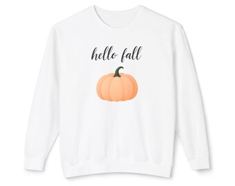 Unisex Hello Fall Pumpkin Crewneck Sweatshirt, Lightweight Fall Apparel, Cozy Autumn Sweater, Perfect for Halloween, Thanksgiving